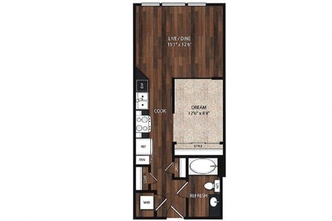 Floor plan for 1 bed, 1 bath, 596 sqft